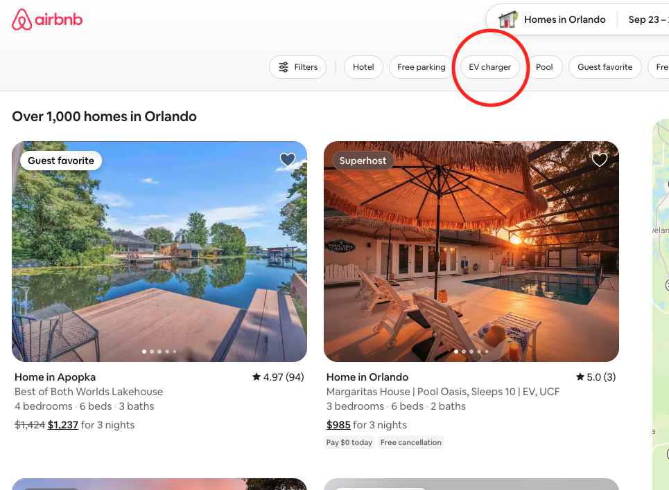 Airbnb Orlando search results with the EV charger amenity filter highlighted